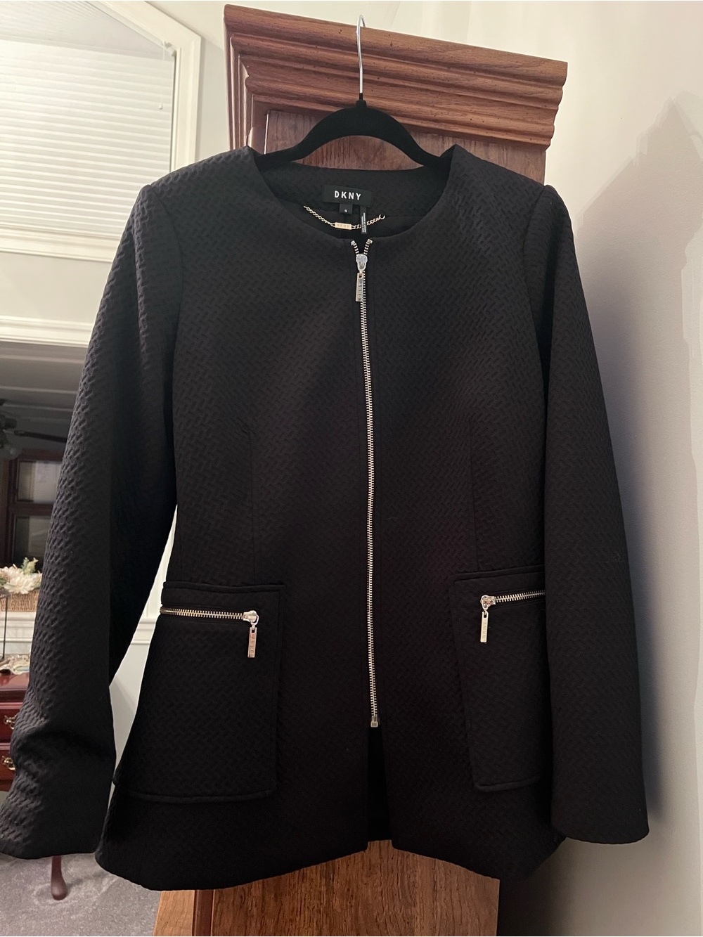 DKNY Women’s Black Textured Zip Front Jacket Blazer Size 12